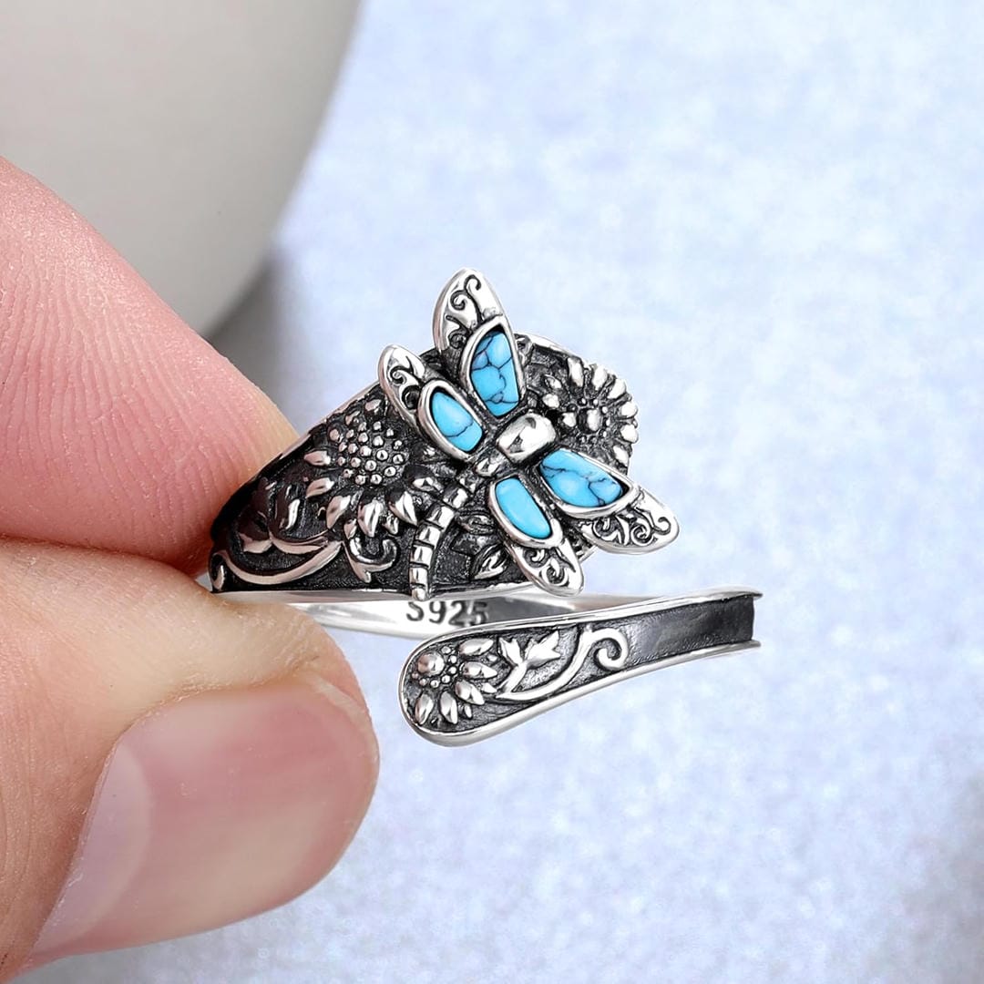 Adjustable Silver Turquoise Dragonfly Ring
