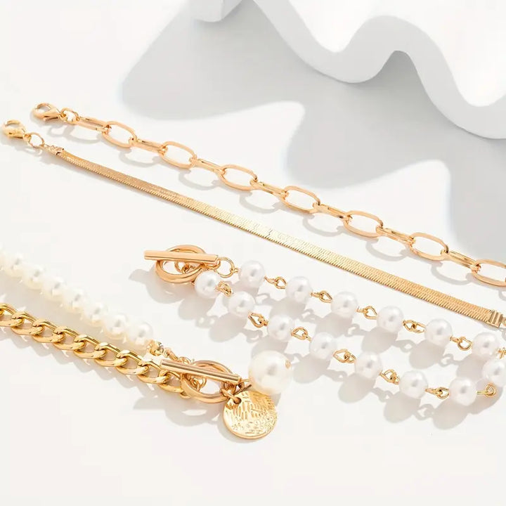 Chic Gold 4-Piece Bracelet Set - Snake, Pearls & Links | Gold