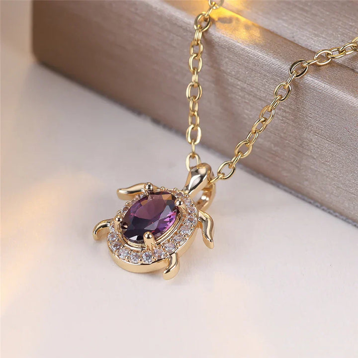 Purple Crystal Turtle Pendant Necklace