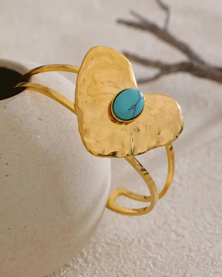 Vintage Gold Inlaid Turquoise Heart Earrings, Ring & Bracelet Set