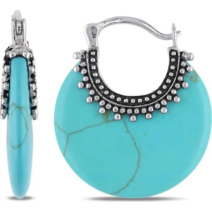 Silver Turquoise Stone Hoop Earrings