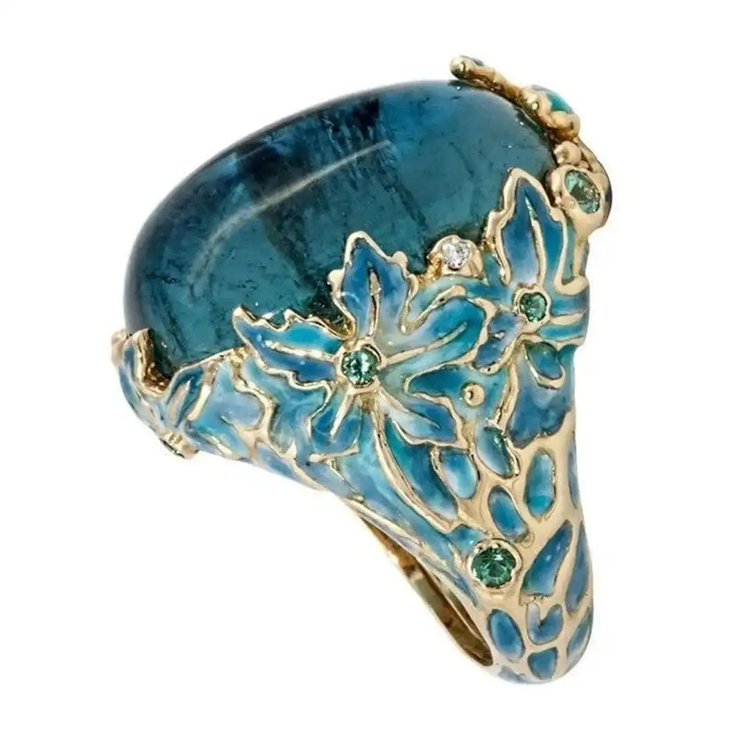 Elegant Gold Flower Blue Stone Ring
