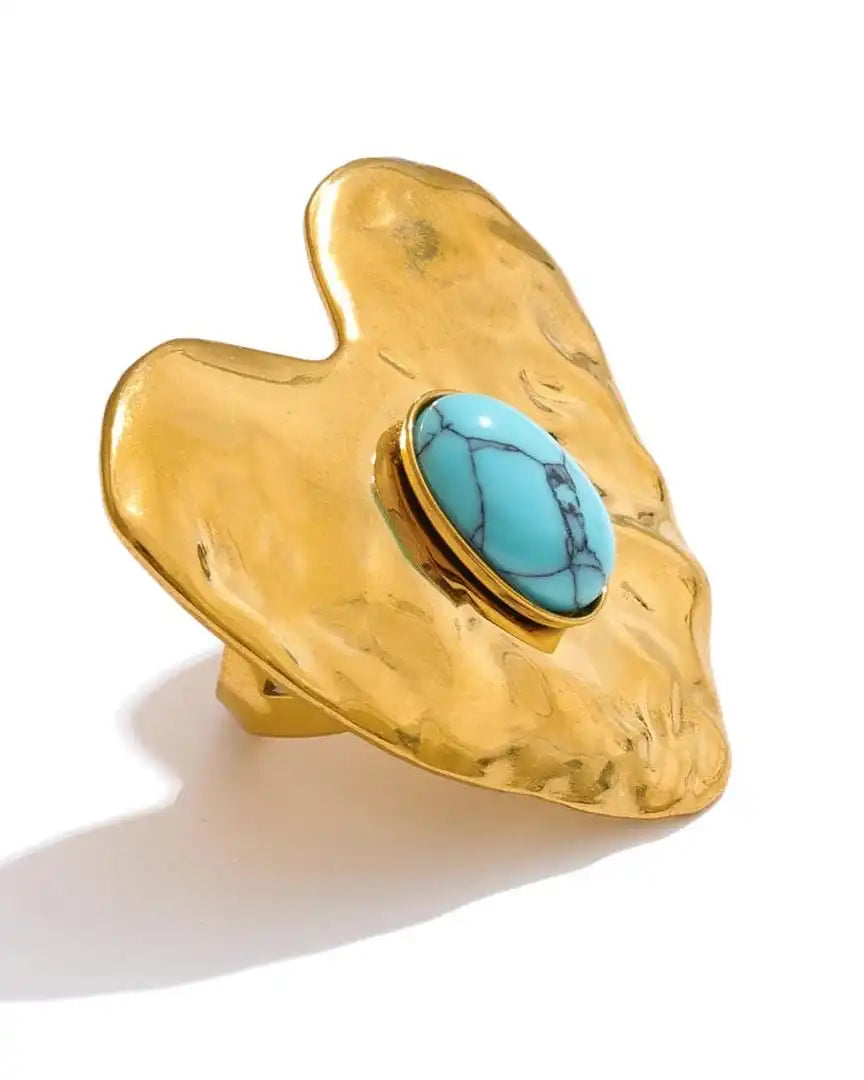 Vintage Gold Inlaid Turquoise Heart Earrings, Ring & Bracelet Set