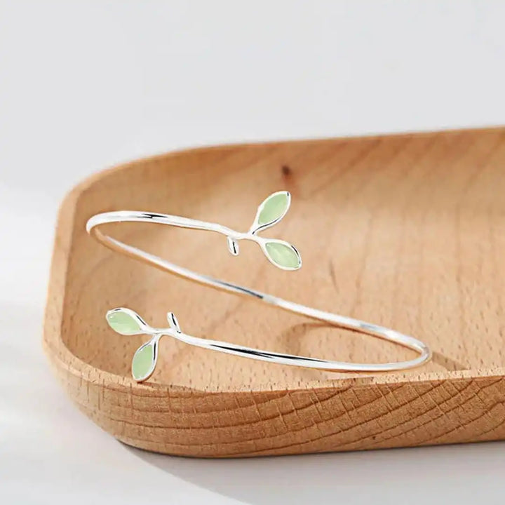 Timeless Silver Opal Leaf Bangle Bracelet