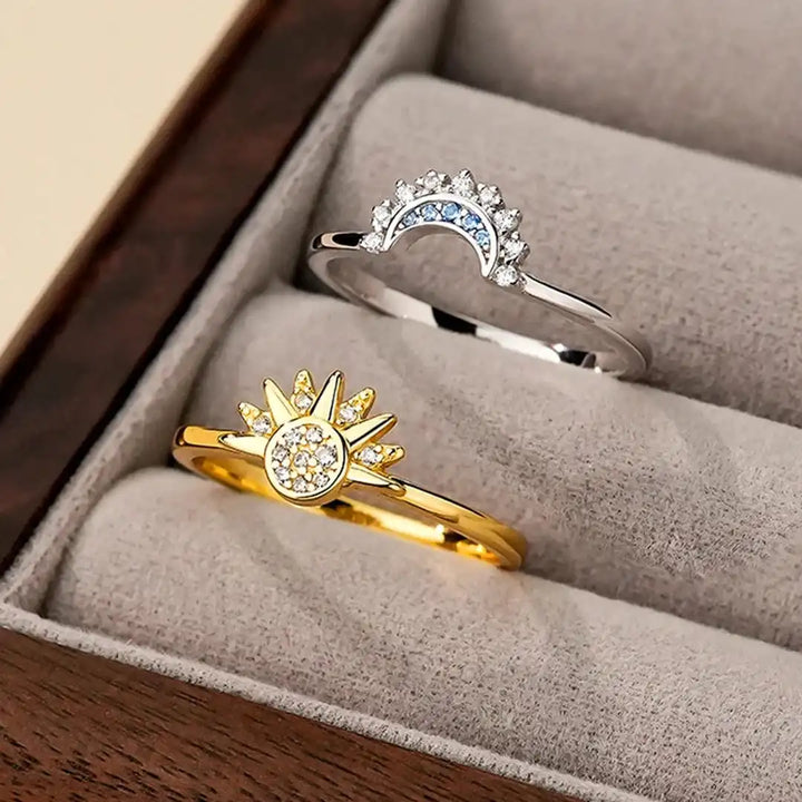 Timeless Silver Zirconia Sun Moon Ring Set