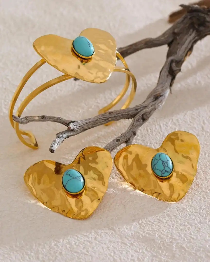 Vintage Gold Inlaid Turquoise Heart Earrings, Ring & Bracelet Set