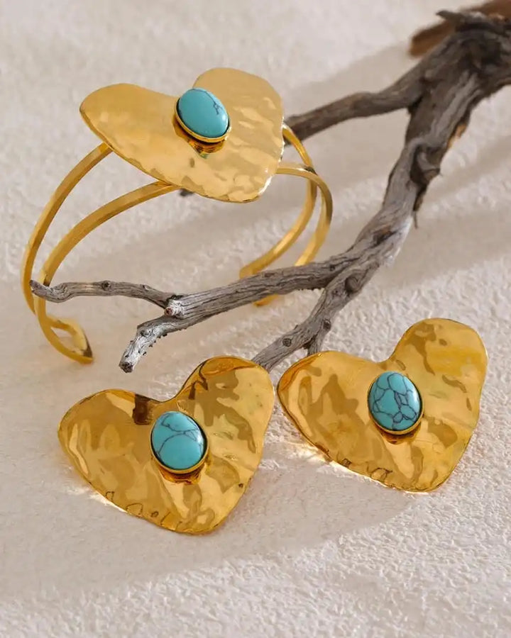 Vintage Gold Inlaid Turquoise Heart Earrings, Ring & Bracelet Set