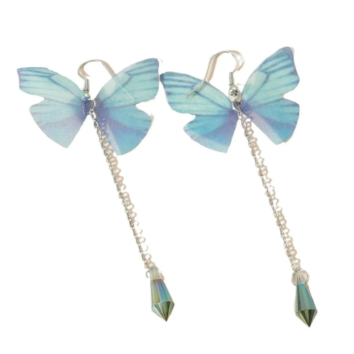 Blue Butterfly Crystal Tassel Earrings
