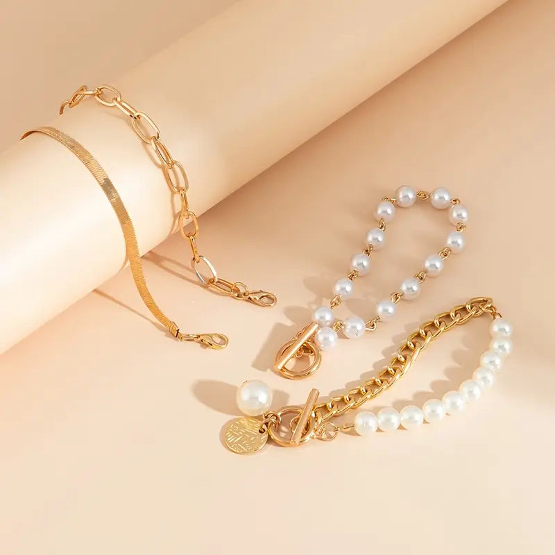 Chic Gold 4-Piece Bracelet Set - Snake, Pearls & Links | Gold