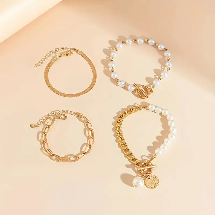 Chic Gold 4-Piece Bracelet Set - Snake, Pearls & Links | Gold