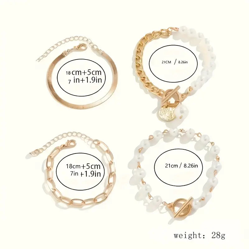 Chic Gold 4-Piece Bracelet Set - Snake, Pearls & Links | Gold